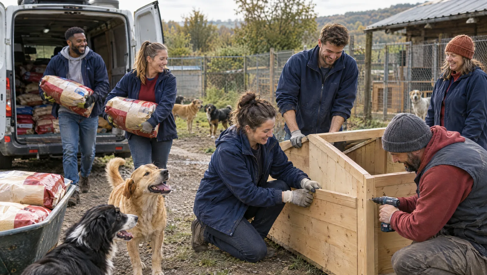 Mitarbeitende eines Unternehmens helfen bei einem Team-Tag in einem Tierheim